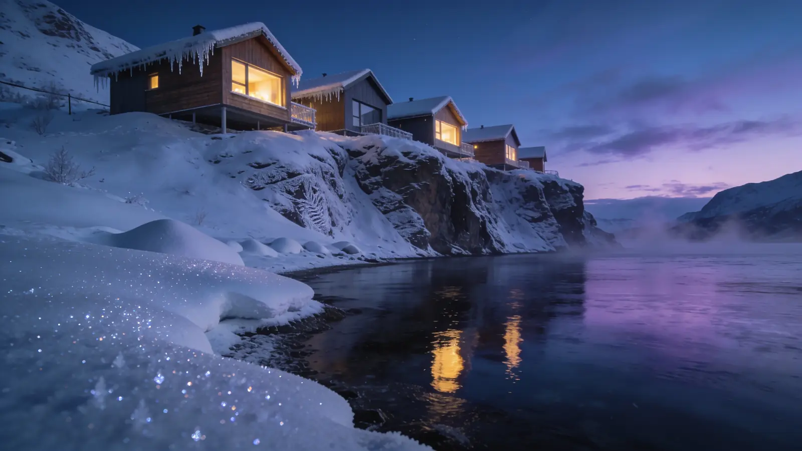 Houses above a frozen fjord at blue hour